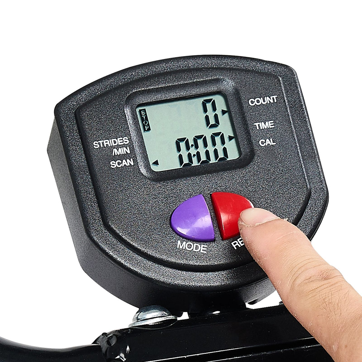 Close-up of the SlideCrunch Ab Trainer's LCD display tracking strides per minute, count, time, and calories