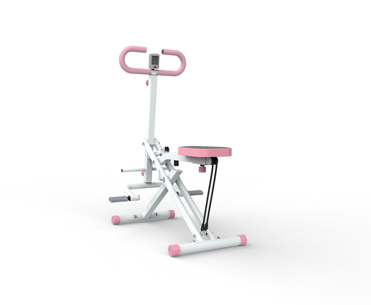 GluteFlex Squat Trainer shown at a three-quarter angle on a white background with pedals and seat visible