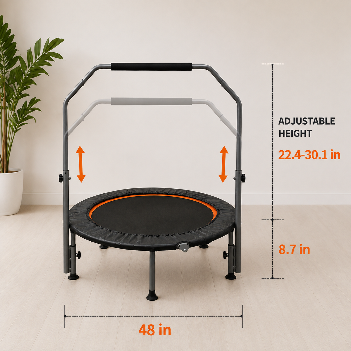 BouncePro Fitness Trampoline dimensions: 48 inch diameter and 22.4 to 30.1 inch adjustable handle height