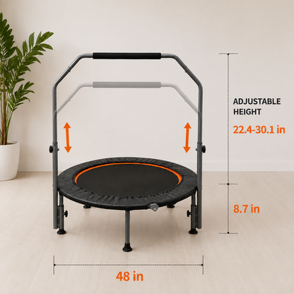 BouncePro Fitness Trampoline dimensions: 48 inch diameter and 22.4 to 30.1 inch adjustable handle height