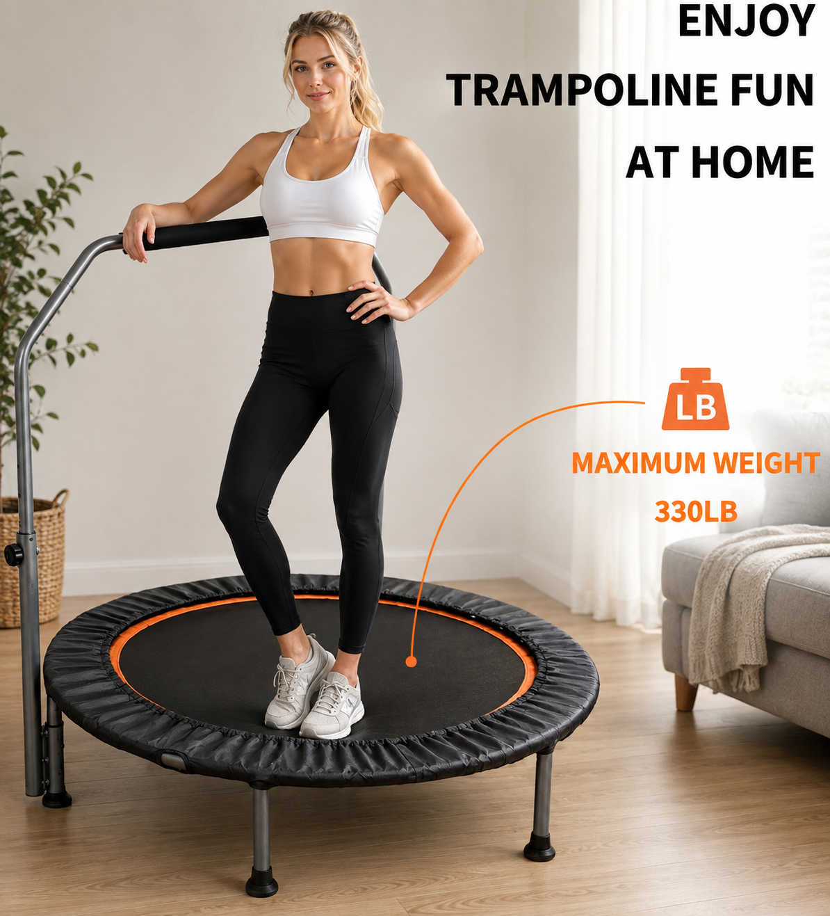 Woman resting on the BouncePro Fitness Trampoline handle, graphic noting 330 lb maximum weight capacity