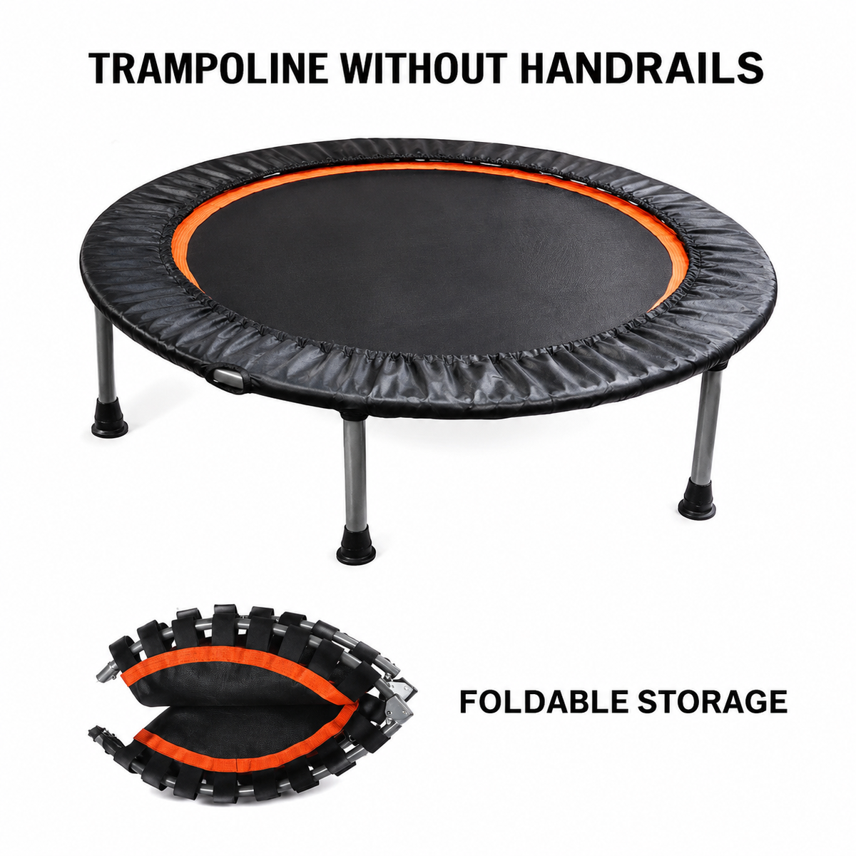 BouncePro Fitness Trampoline shown without handrails and folded flat for compact storage