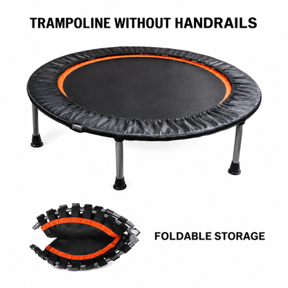 BouncePro Fitness Trampoline shown without handrails and folded flat for compact storage