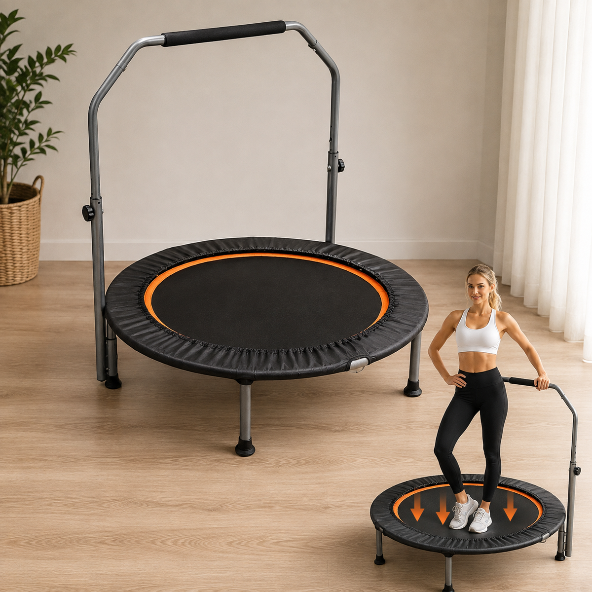 Two BouncePro Fitness Trampolines shown together, one empty and one with a woman jumping, arrows showing low-impact bounce