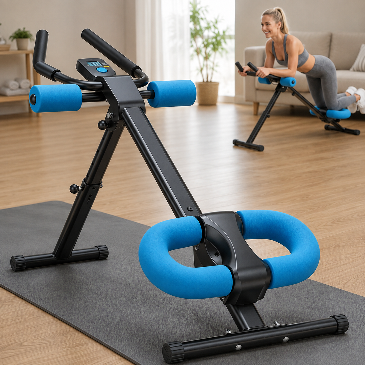 Woman using the blue CoreSculpt Ab Trainer on a yoga mat with another woman using it in the background