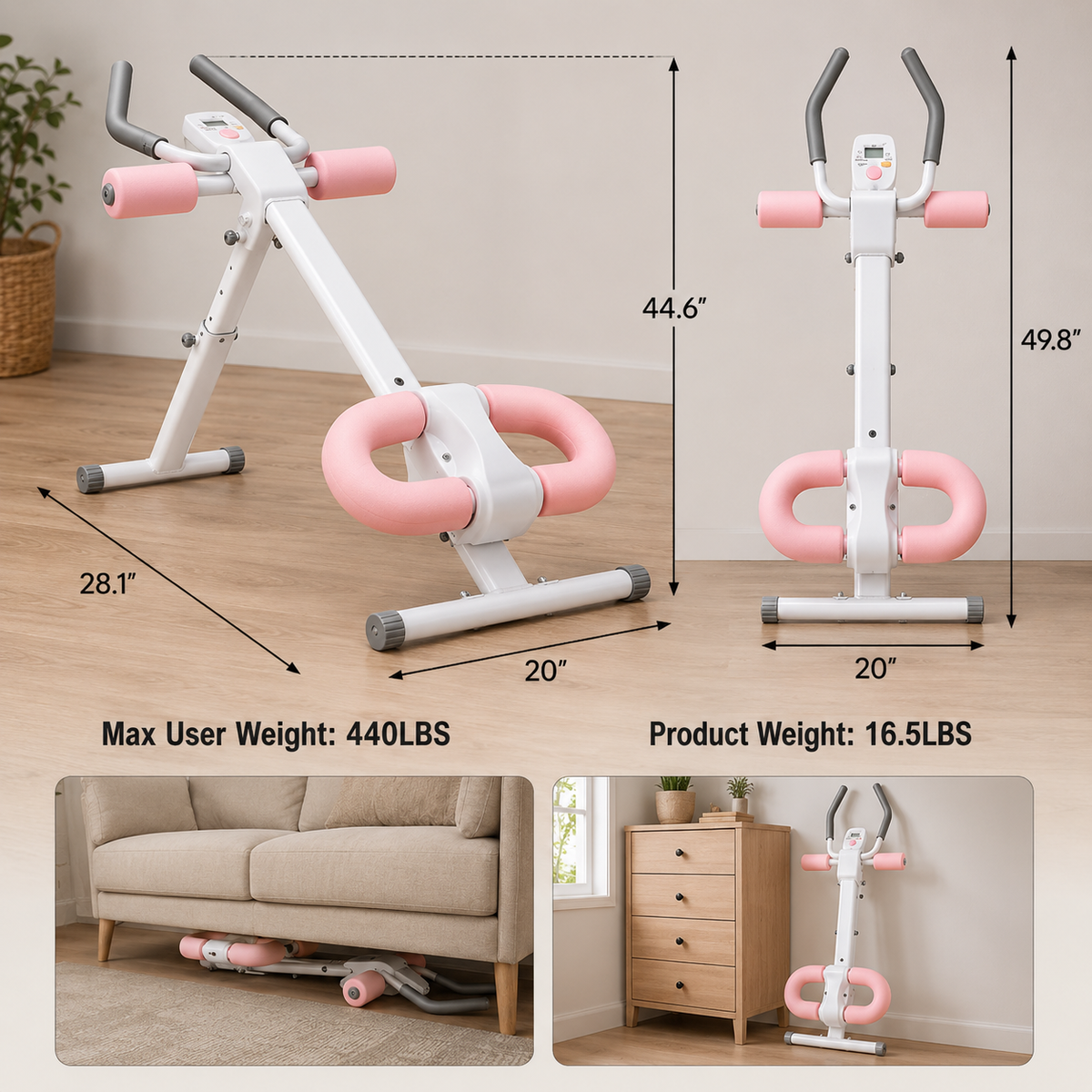 CoreSculpt Ab Trainer dimensions and weight capacity: up to 49.8 inches tall, 20 inches wide, 440 lb max user weight, 16.5 lb product weight, shown storing under a sofa and against a dresser