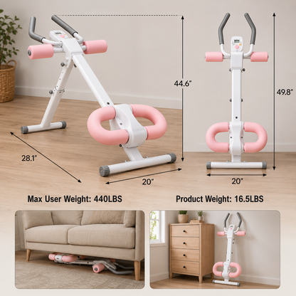 CoreSculpt Ab Trainer dimensions and weight capacity: up to 49.8 inches tall, 20 inches wide, 440 lb max user weight, 16.5 lb product weight, shown storing under a sofa and against a dresser