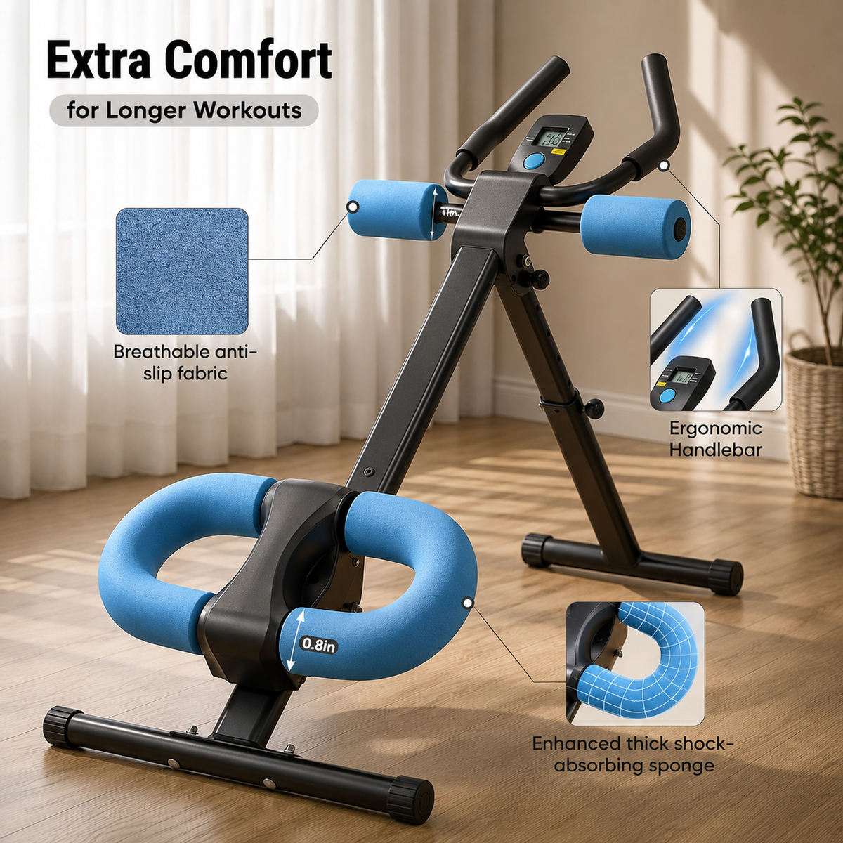 Blue CoreSculpt Ab Trainer detail shot highlighting the breathable anti-slip fabric, ergonomic handlebar, and shock-absorbing sponge padding