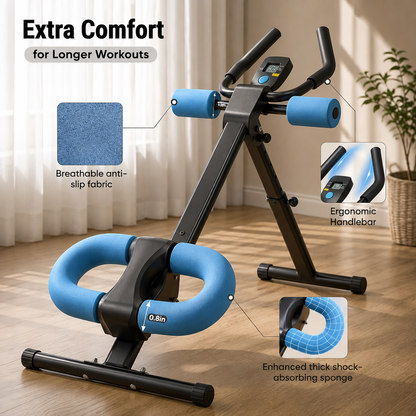 Blue CoreSculpt Ab Trainer detail shot highlighting the breathable anti-slip fabric, ergonomic handlebar, and shock-absorbing sponge padding