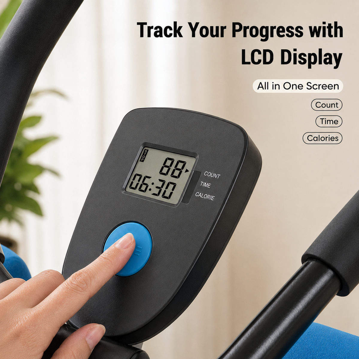 Close-up of the CoreSculpt Ab Trainer's LCD display tracking count, time, and calories