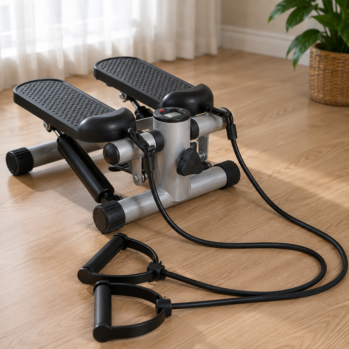 Original Mini Stepper shown with its two resistance bands and handles laid out on a hardwood floor