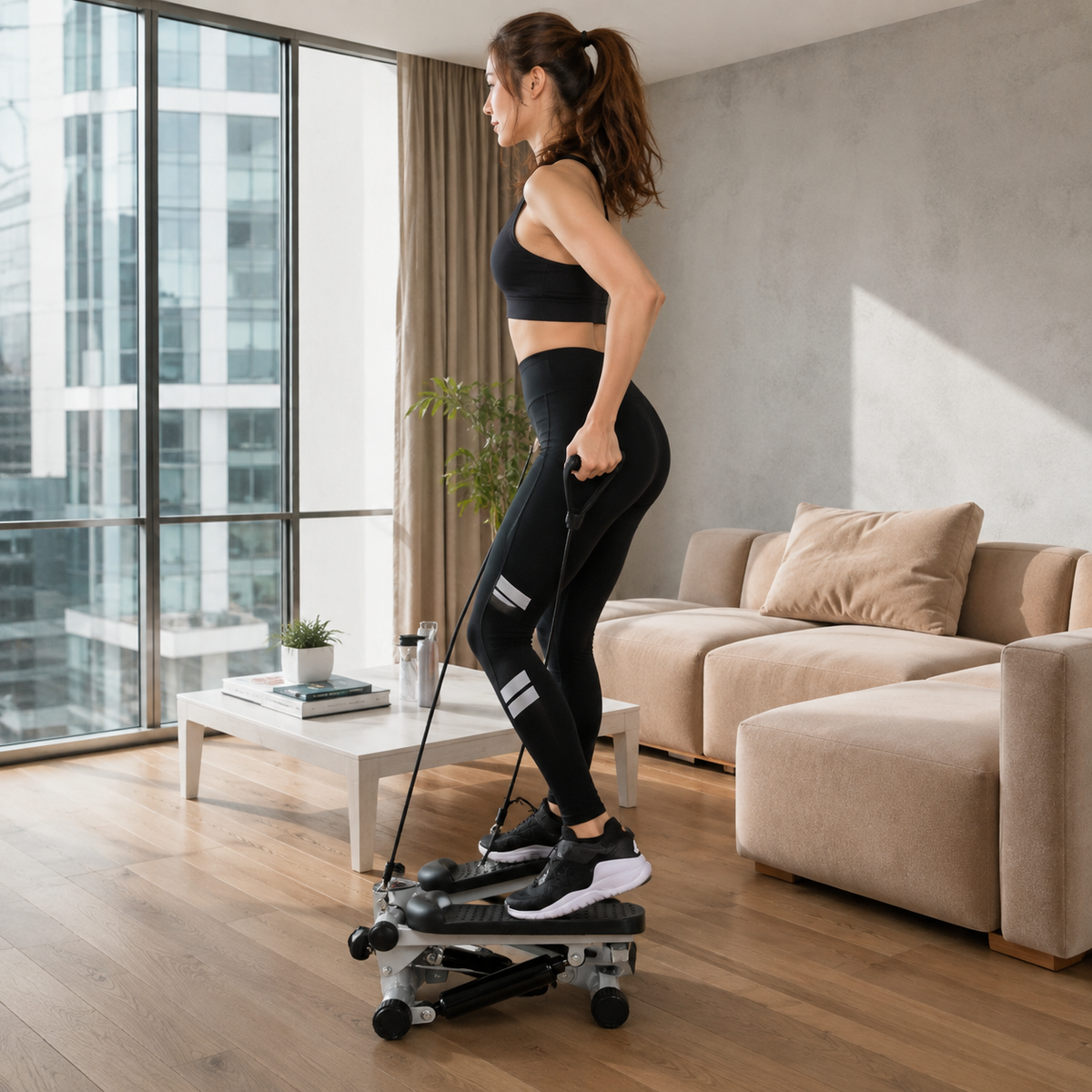 Woman using the Original Mini Stepper in a living room, pulling the resistance band handle