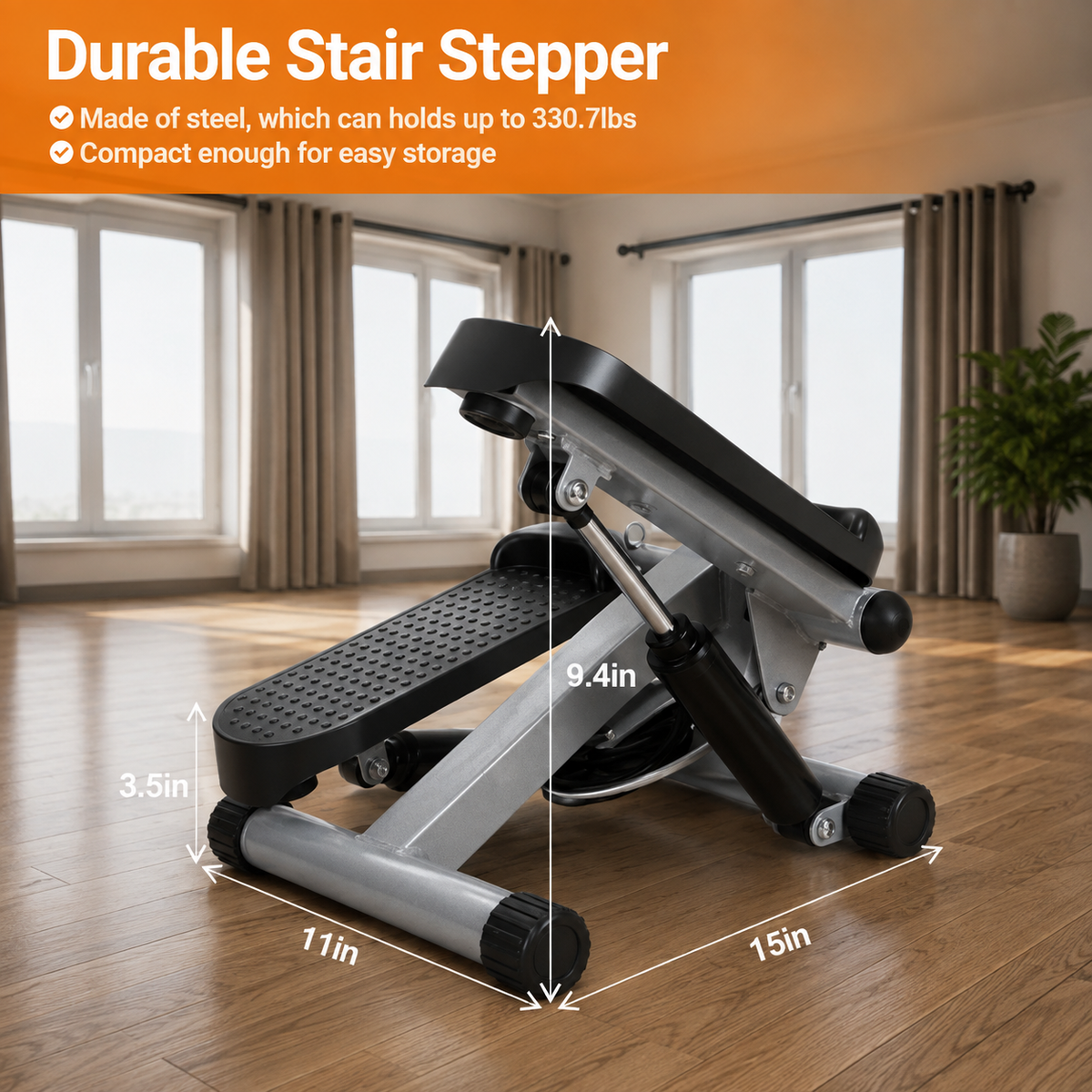 Original Mini Stepper dimensions: 15 inches long, 11 inches wide, up to 9.4 inches step height, rated for 330.7 lbs