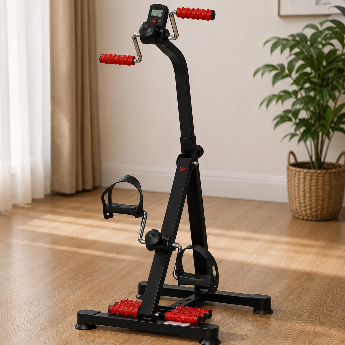 FlexFit Pedal Exerciser standalone product shot showing the LCD display, red handgrips, and foot pedals