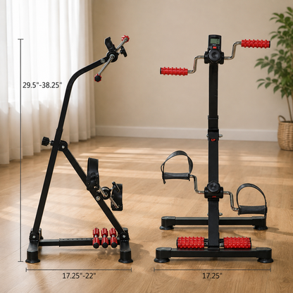 FlexFit Pedal Exerciser height comparison showing the adjustable 29.5 to 38.25 inch frame next to the compact 17.25 inch base