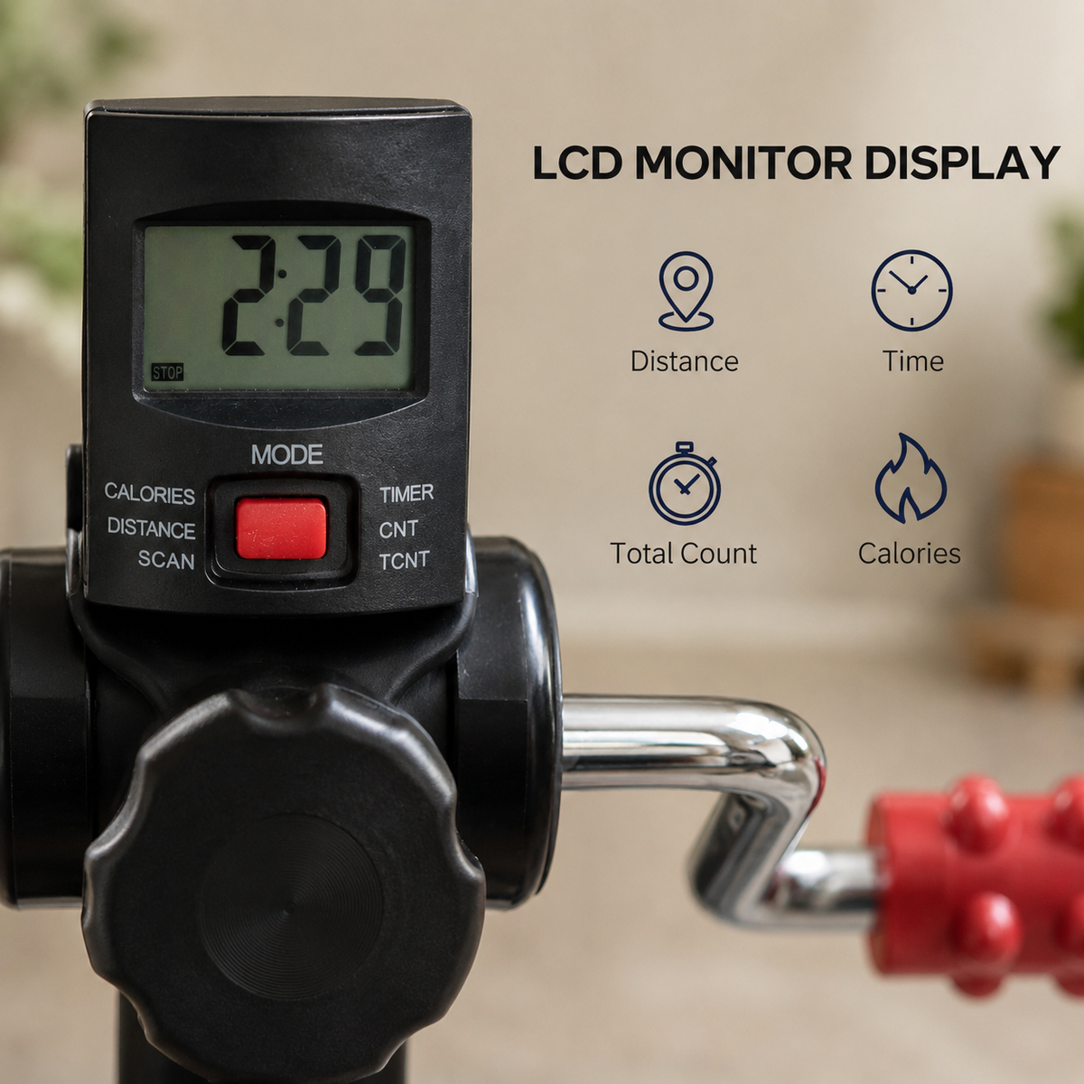 Close-up of the FlexFit Pedal Exerciser's LCD monitor displaying distance, time, total count, and calories