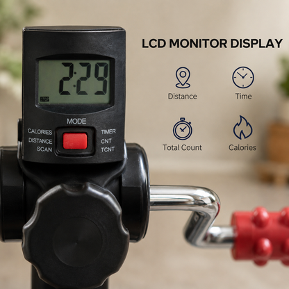 Close-up of the FlexFit Pedal Exerciser's LCD monitor displaying distance, time, total count, and calories