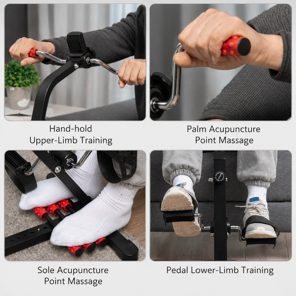 Four detail shots of the FlexFit Pedal Exerciser: hand-hold upper-limb training, palm acupuncture point massage grip, sole acupuncture point foot pegs, and pedal lower-limb training
