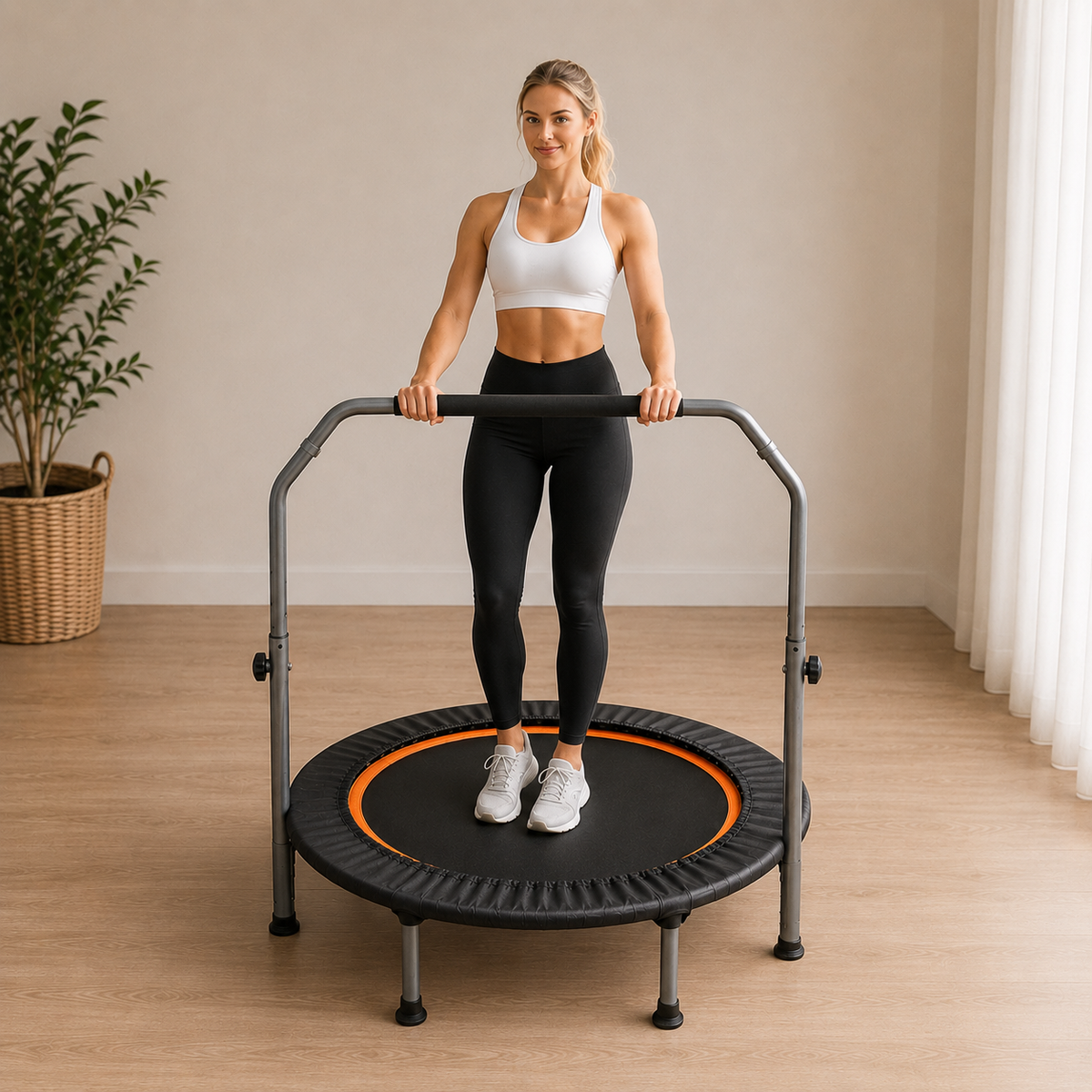 Woman standing on the BouncePro Fitness Trampoline holding the adjustable handle