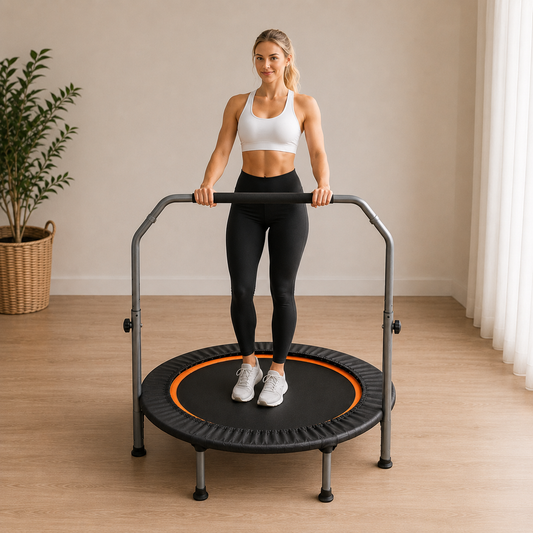 Woman standing on the BouncePro Fitness Trampoline holding the adjustable handle