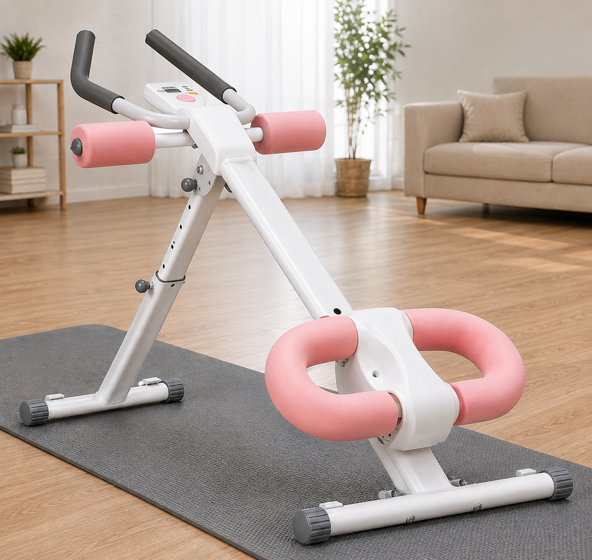 CoreSculpt Ab Trainer in pink set up on a gray yoga mat in a living room