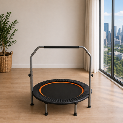 BouncePro Fitness Trampoline positioned near a window with a city skyline view