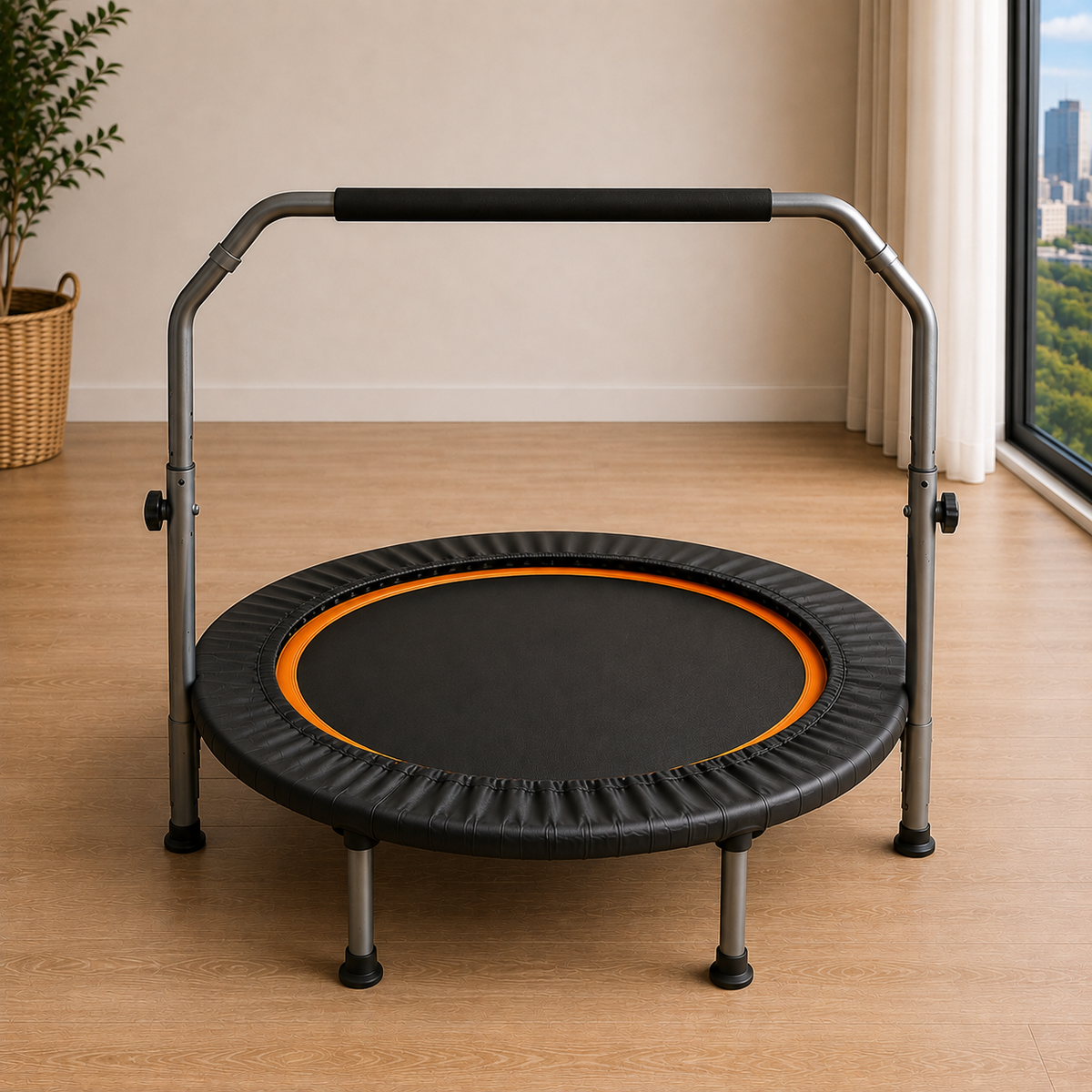BouncePro Fitness Trampoline set up in a living room with the adjustable handlebar raised