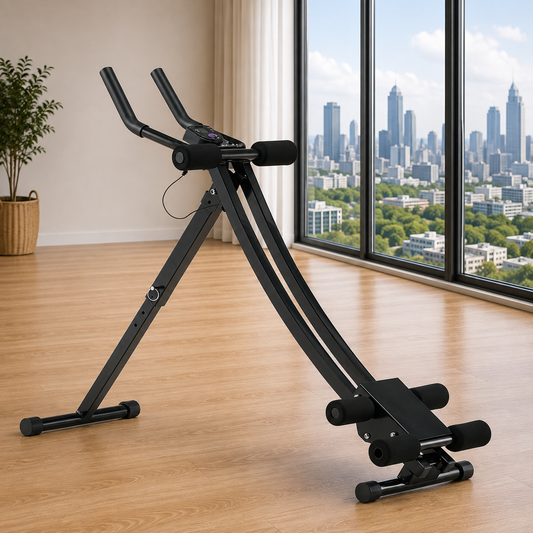 SlideCrunch Ab Trainer set up in a living room with floor-to-ceiling windows overlooking a city skyline