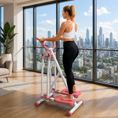 Woman using the AirGlide Elliptical Trainer, gripping the handles while gliding, with a city skyline visible through the windows behind her