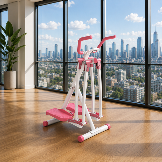 AirGlide Elliptical Trainer in pink and white set up in a living room with floor-to-ceiling windows overlooking a city skyline