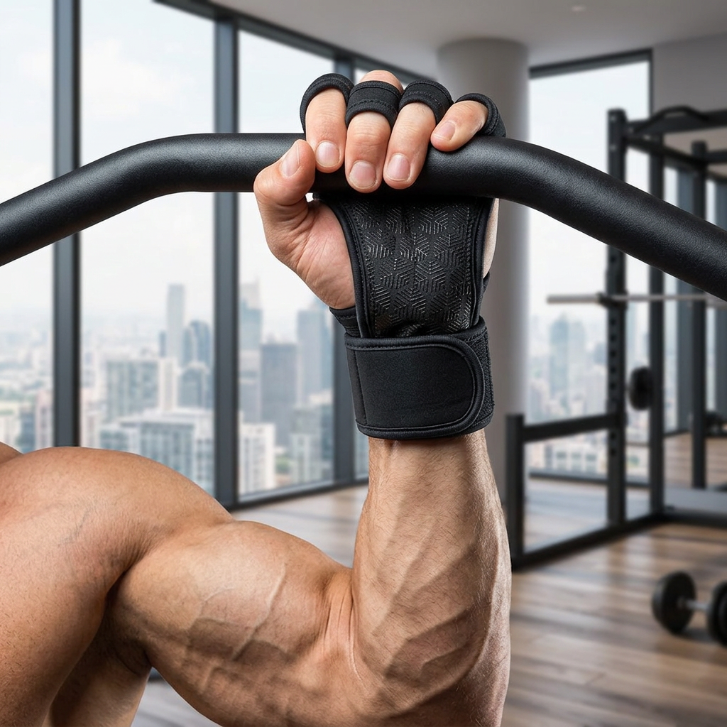 Muscular man's hand wearing a black weightlifting glove gripping a pull-up bar, home gym with a city skyline in the background.