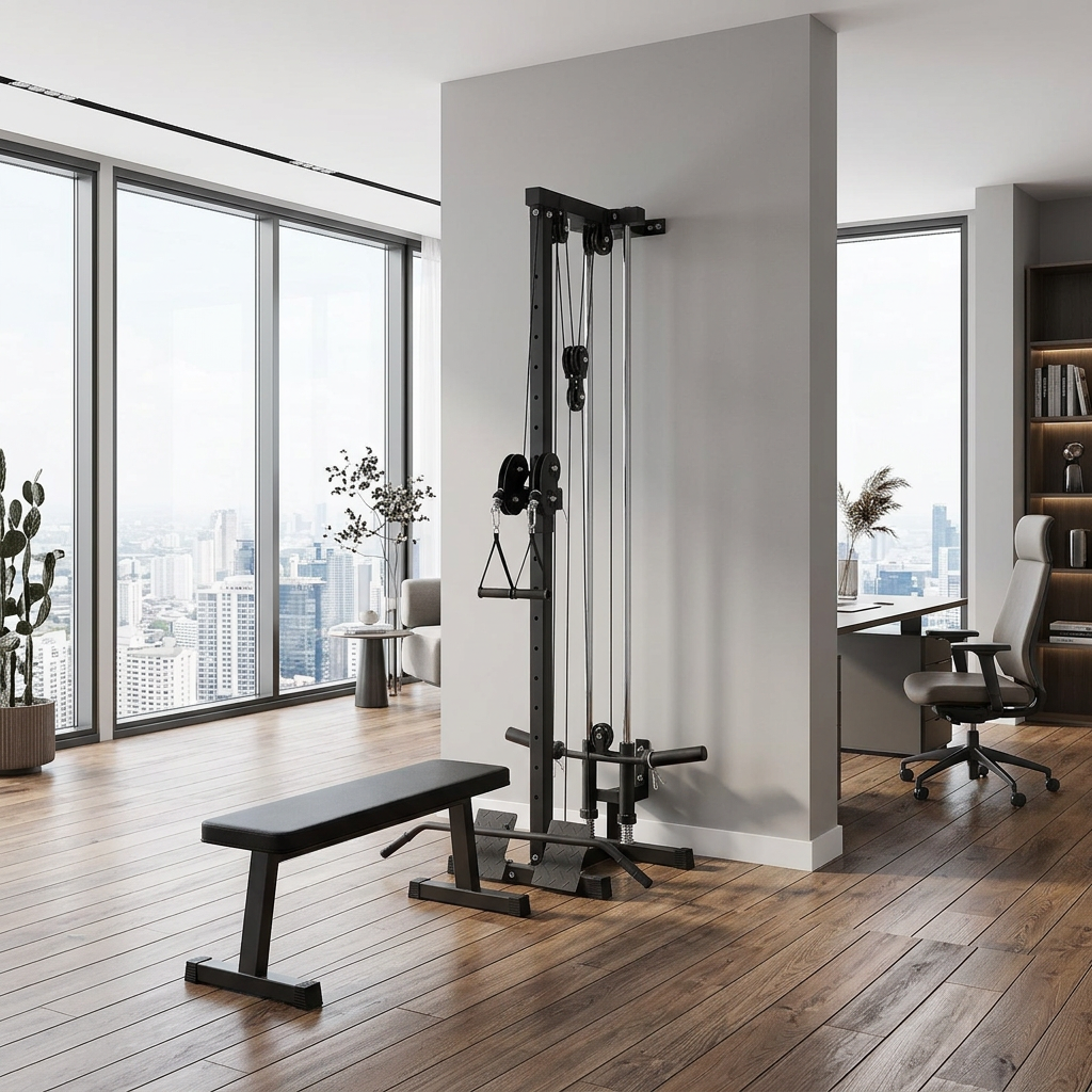 Black cable crossover machine wall-mounted in a modern home office with a workout bench in front, wood flooring and floor-to-ceiling windows overlooking the city.
