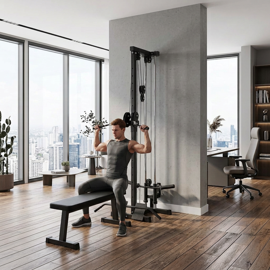 Muscular man using the wall-mounted cable machine from a workout bench in a home office, city skyline visible through floor-to-ceiling windows.