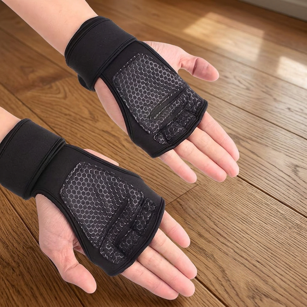 Close-up of both hands wearing black weightlifting gloves, palm-up angled view on a hardwood floor showing the honeycomb grip pad.