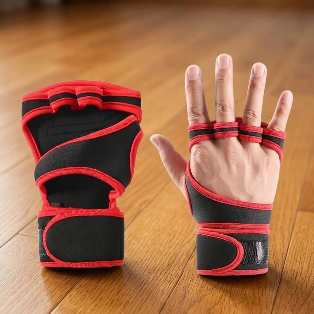 Pair of red and black fingerless weightlifting gloves with wrist wrap straps on a hardwood floor, front and back view.