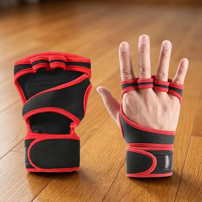 Pair of red and black fingerless weightlifting gloves with wrist wrap straps on a hardwood floor, front and back view.