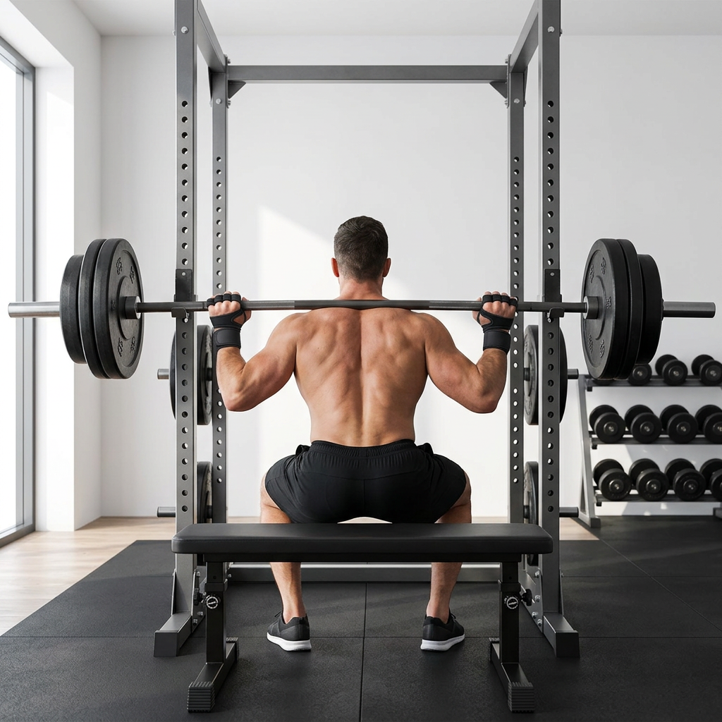 Man wearing black weightlifting gloves performing a barbell back squat in a home gym, with a flat weight bench, squat rack, dumbbell rack, and rubber floor mat.