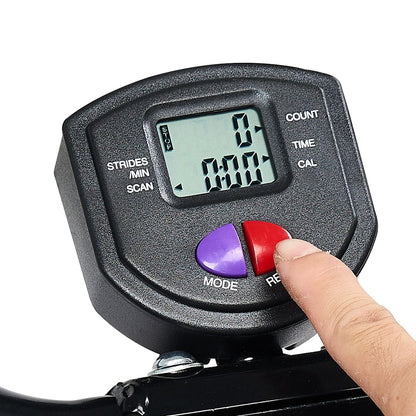 Close-up of the SlideCrunch Ab Trainer's LCD display tracking strides per minute, count, time, and calories