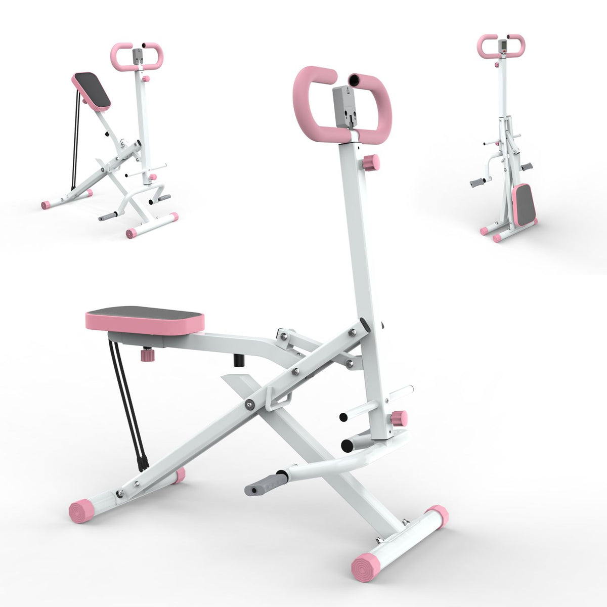 GluteFlex Squat Trainer shown from three angles in pink and white with padded seat, resistance bands, and adjustable handlebar