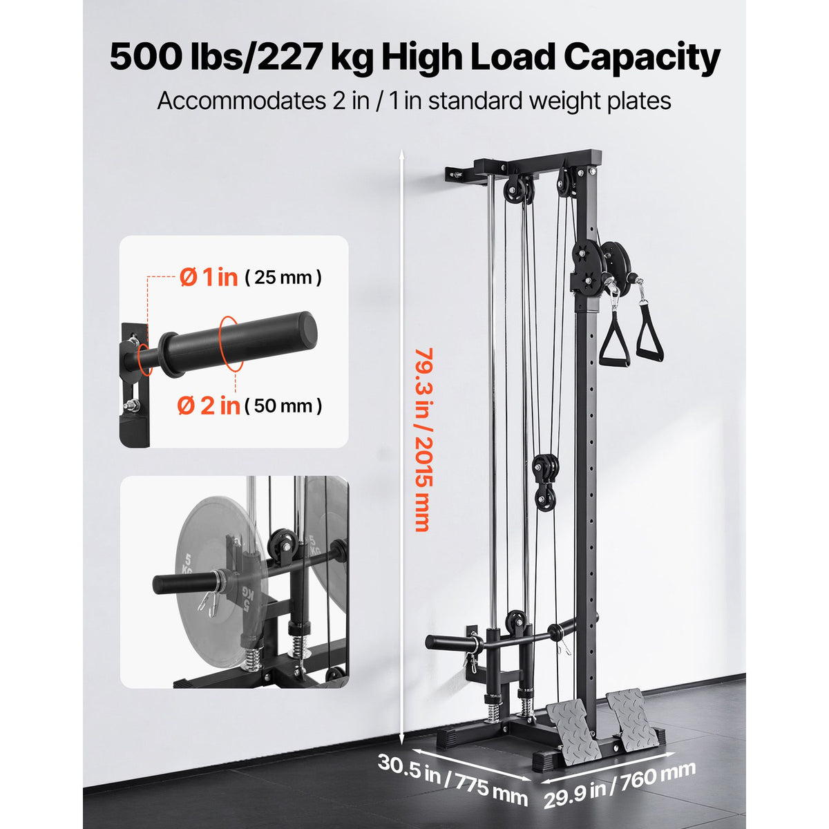 Infographic showing 500 lb / 227 kg load capacity, compatible with 1-inch and 2-inch standard weight plates, with overall dimensions labeled.