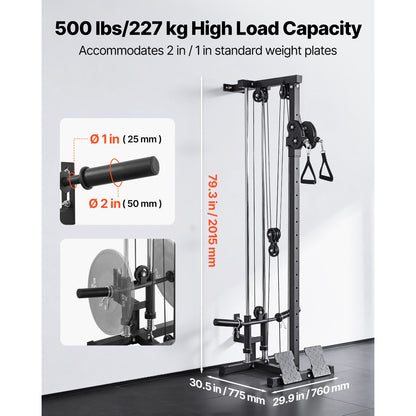 Infographic showing 500 lb / 227 kg load capacity, compatible with 1-inch and 2-inch standard weight plates, with overall dimensions labeled.