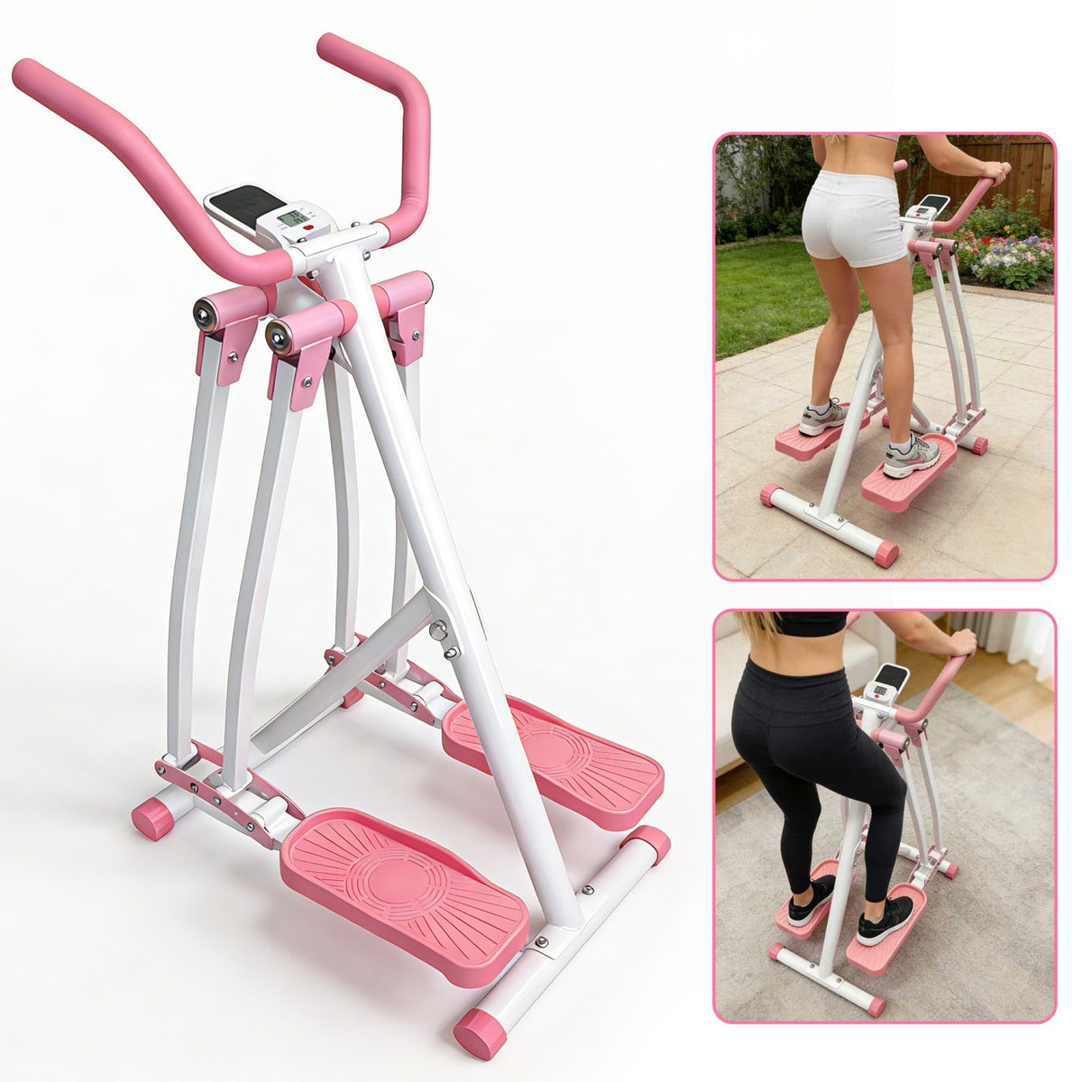 AirGlide Elliptical Trainer product shot with inset photos of a woman using it outdoors on a patio and indoors on a rug