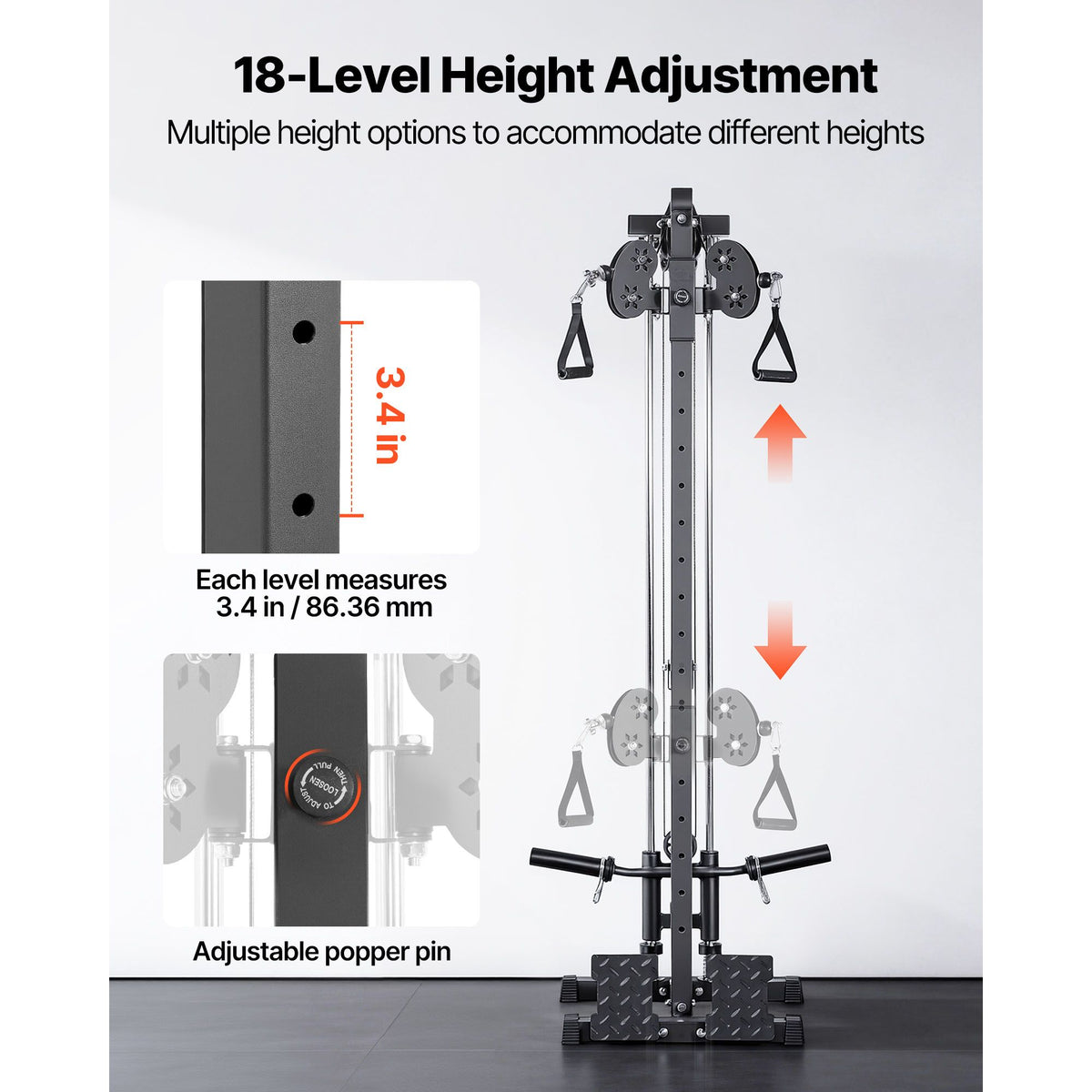 Infographic showing 18-level height adjustment, each level spaced 3.4 inches apart, with a close-up of the adjustable pull pin.