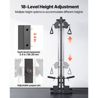 Infographic showing 18-level height adjustment, each level spaced 3.4 inches apart, with a close-up of the adjustable pull pin.