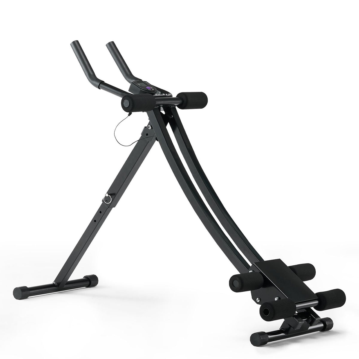 SlideCrunch Ab Trainer shown at an angle on a white background, showing the full A-frame with handlebars, LCD display, and knee pad