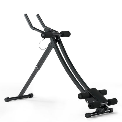 SlideCrunch Ab Trainer shown at an angle on a white background, showing the full A-frame with handlebars, LCD display, and knee pad