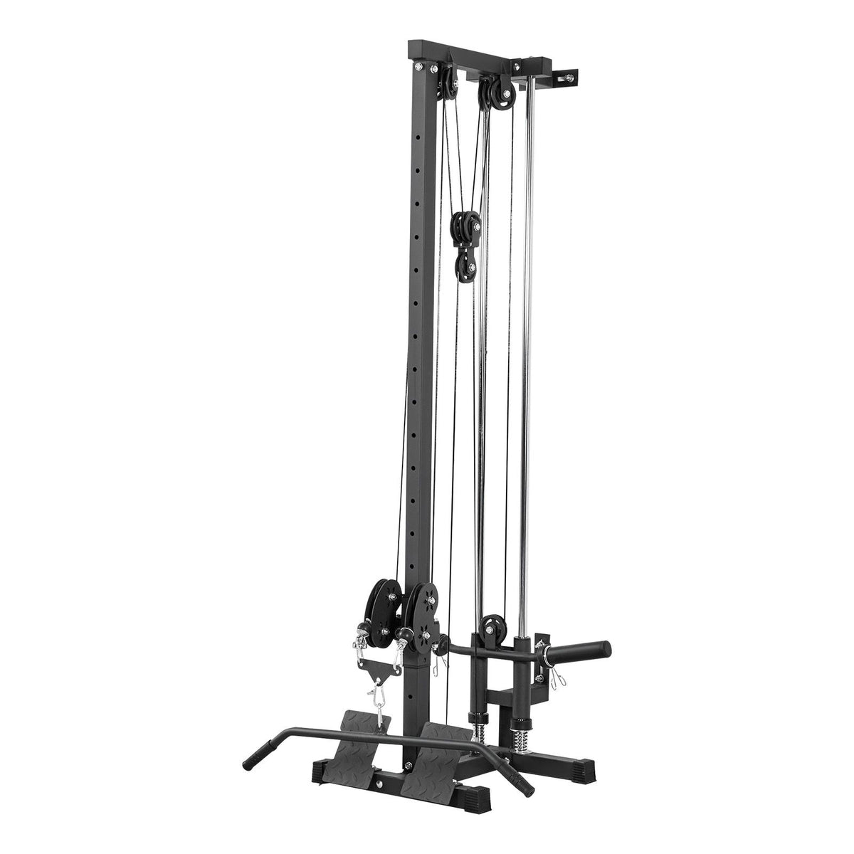 Black cable crossover machine on white background, showing the wall-mount bracket, dual pulley system, and diamond-plate footpads.
