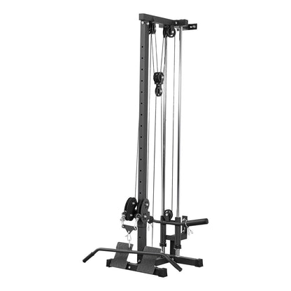 Black cable crossover machine on white background, showing the wall-mount bracket, dual pulley system, and diamond-plate footpads.