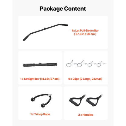 Package contents diagram showing the included lat pull-down bar, straight bar, four clips, tricep rope, and two handles.