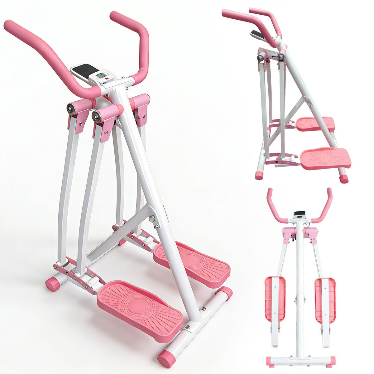 Three angles of the AirGlide Elliptical Trainer in pink and white on a white background
